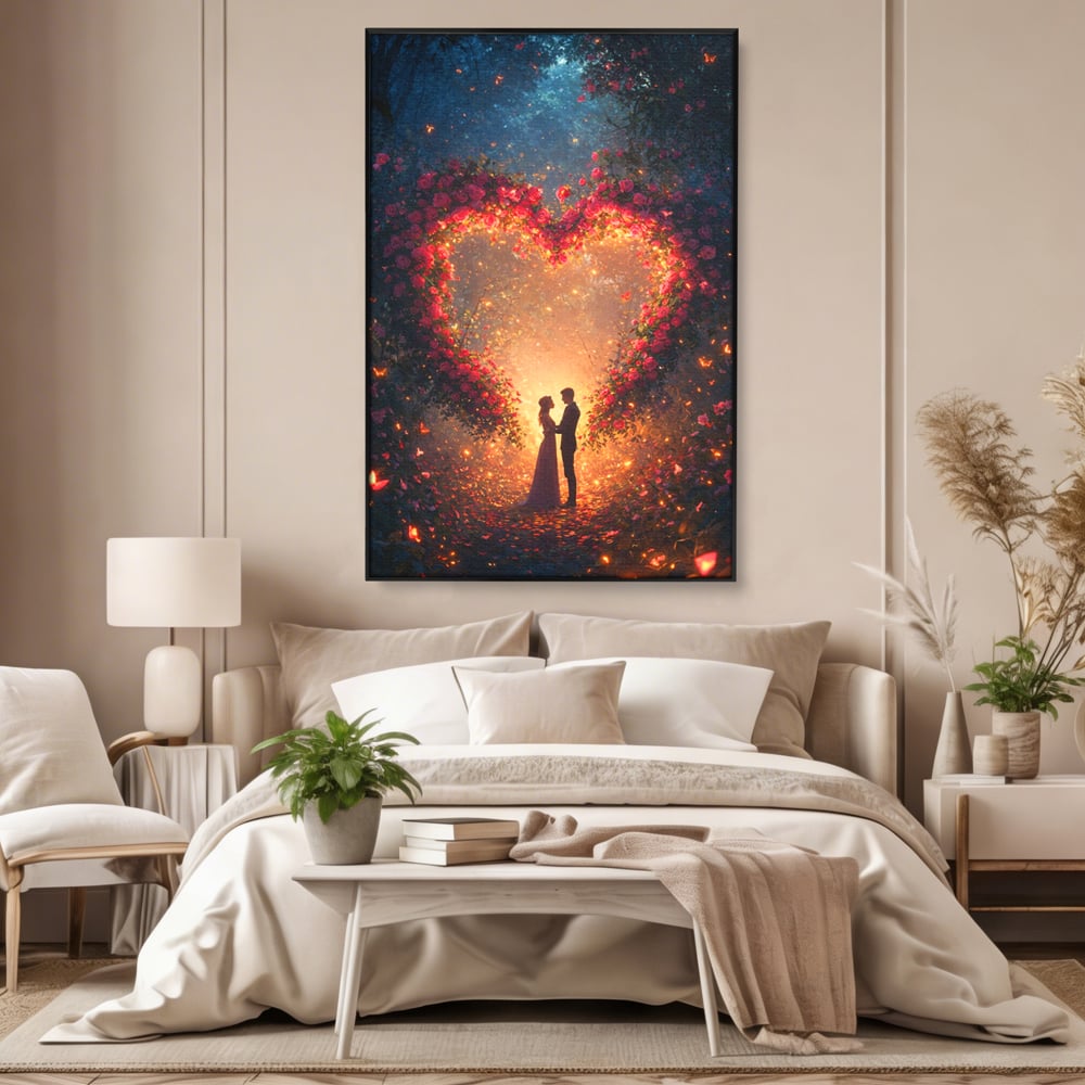 Tablou canvas cu ilustratie digitala cu cuplu si arc de trandafiri, in rama de aluminiu negru, pe perete intr-un dormitor