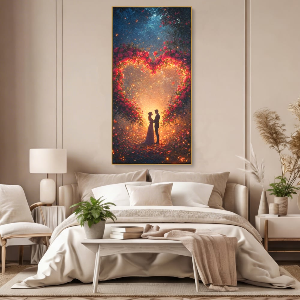 Tablou canvas cu ilustratie digitala cu cuplu si arc de trandafiri, in rama de aluminiu auriu, pe perete intr-un dormitor
