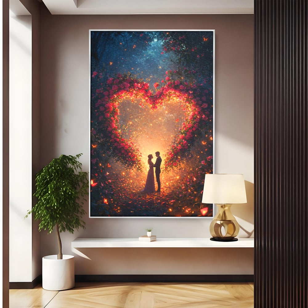Tablou canvas cu ilustratie digitala cu cuplu si arc de trandafiri, in rama de aluminiu argintiu