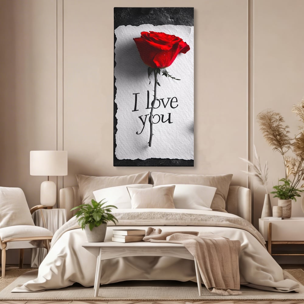 Tablou canvas cu tablou vertical cu trandafir rosu si mesaj, fara rama, pe sasiu de lemn, pe perete intr-un dormitor