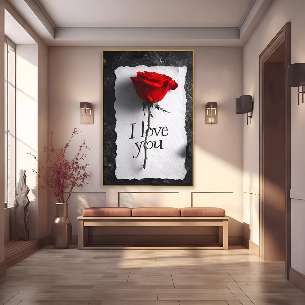Tablou canvas cu tablou vertical cu trandafir rosu si mesaj, in rama de aluminiu auriu