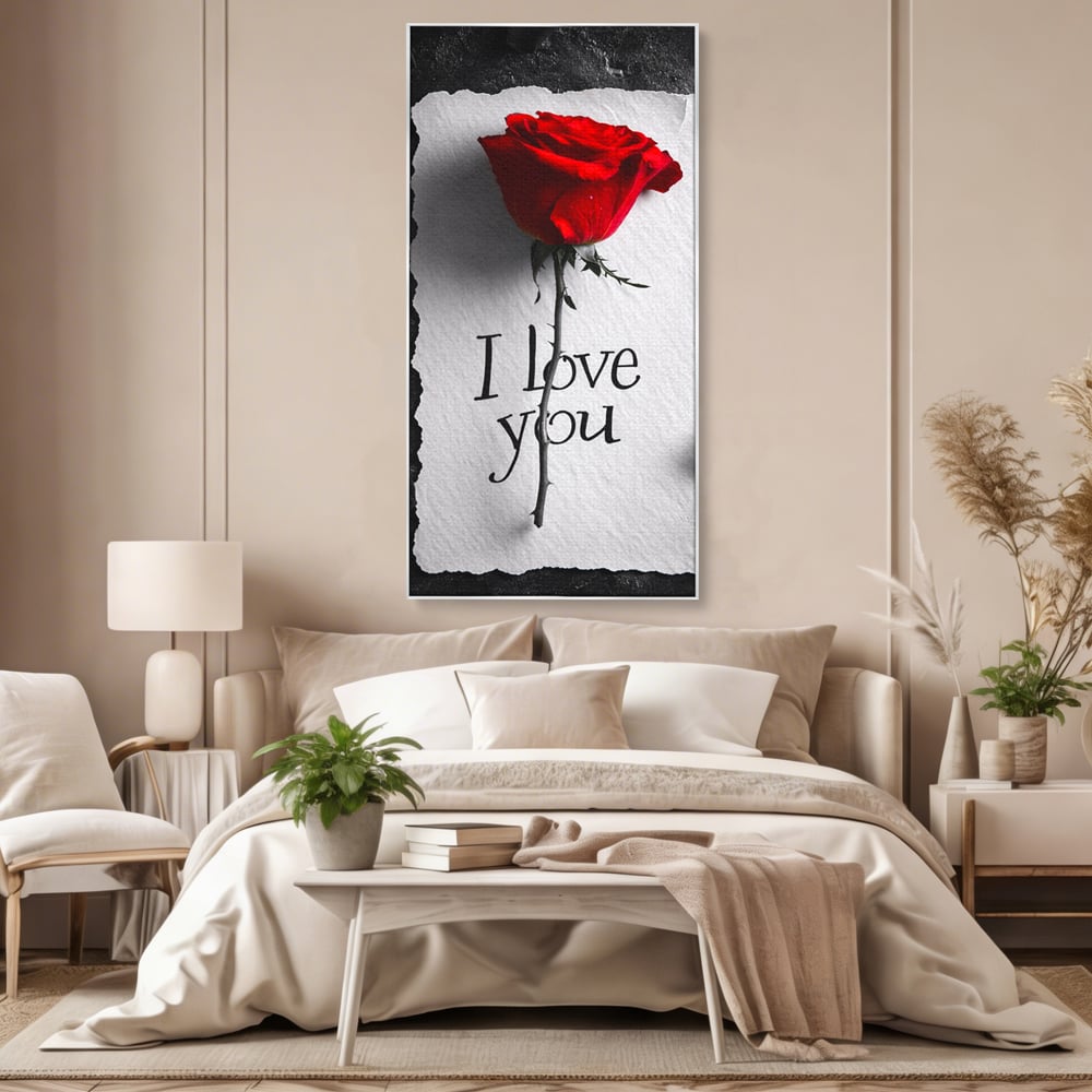 Tablou canvas cu tablou vertical cu trandafir rosu si mesaj, in rama de aluminiu argintiu, pe perete intr-un dormitor