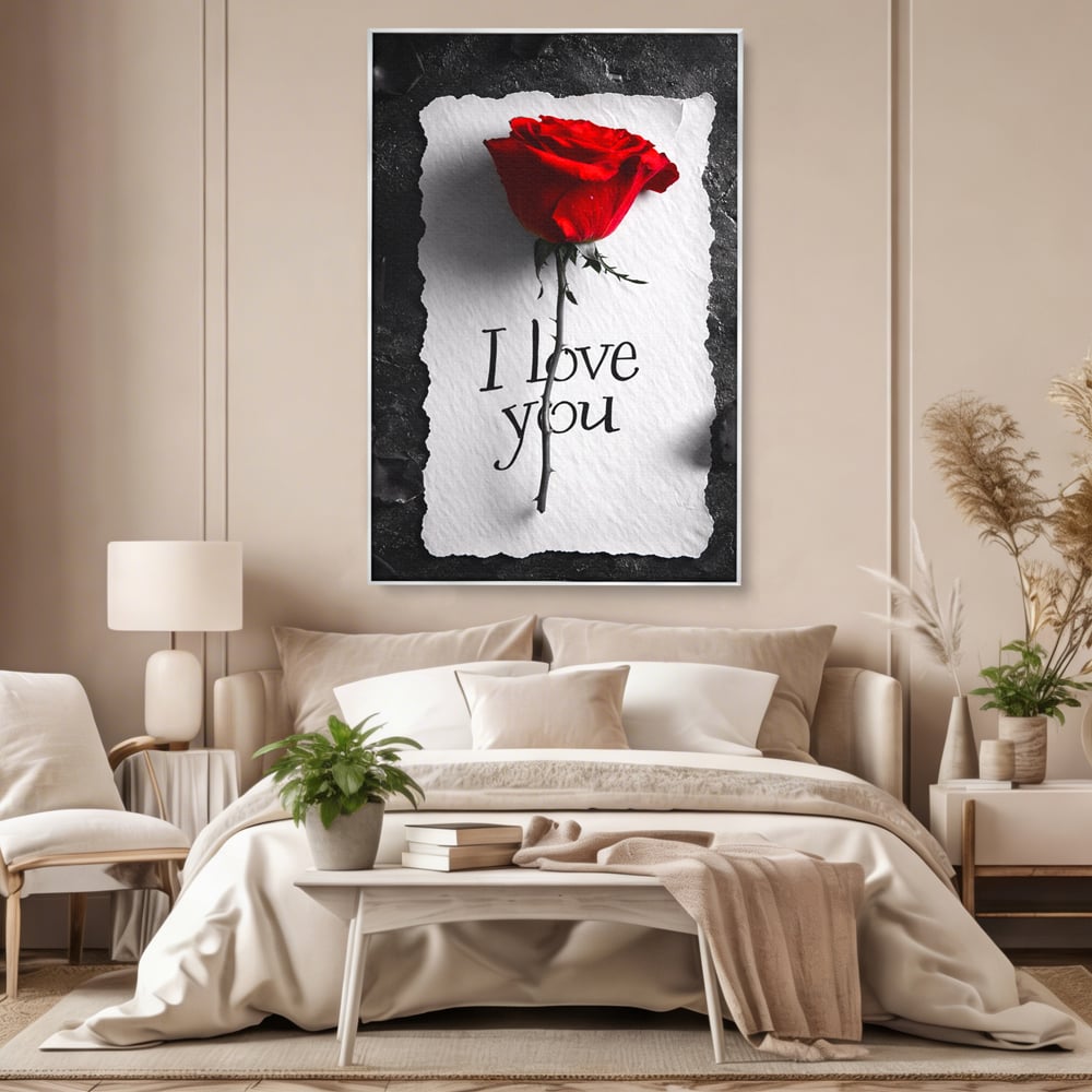 Tablou canvas cu tablou vertical cu trandafir rosu si mesaj, in rama de aluminiu argintiu, pe perete intr-un dormitor