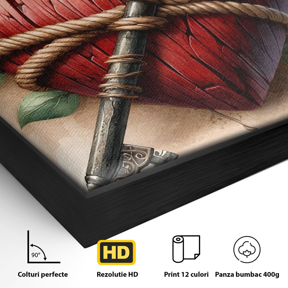 Detaliu al suprafetei: tablou canvas cu inima de lemn si cheie, in rama de aluminiu negru