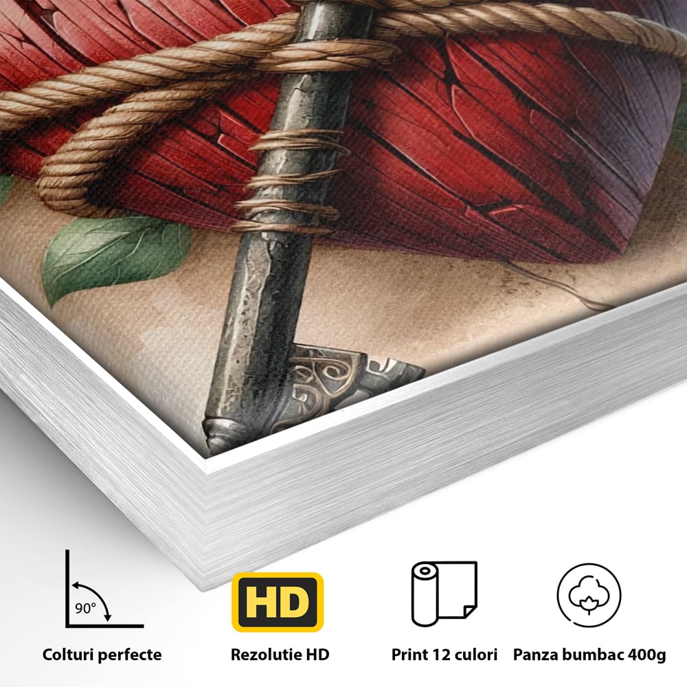 Detaliu al suprafetei: tablou canvas cu inima de lemn si cheie, in rama de aluminiu argintiu