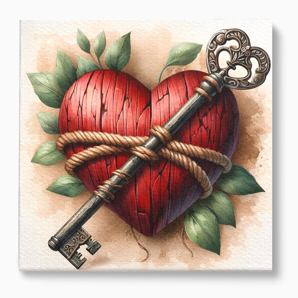 Tablou canvas cu tablou canvas cu inima de lemn si cheie, fara rama, pe sasiu de lemn