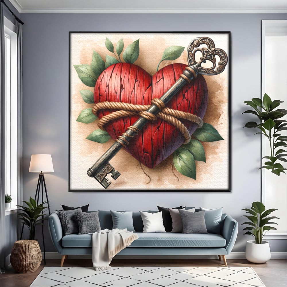 Tablou canvas cu tablou canvas cu inima de lemn si cheie, in rama de aluminiu negru, pe perete intr-un living
