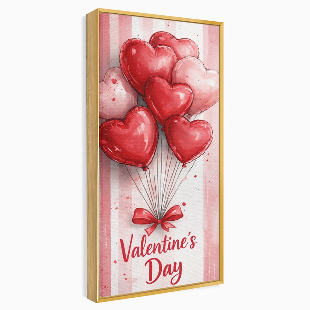 Tablou canvas cu illustratie verticala cu baloane rosii in forma de inima, in rama de aluminiu auriu