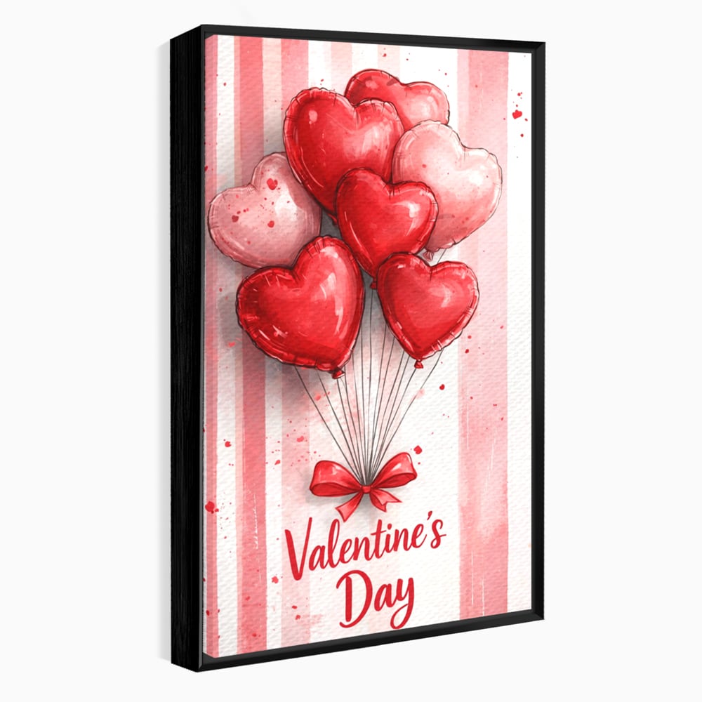 Tablou canvas cu illustratie verticala cu baloane rosii in forma de inima, in rama de aluminiu negru