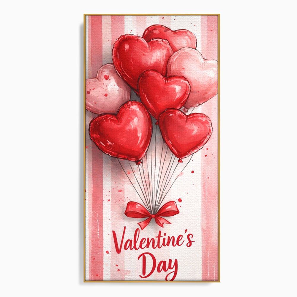 Tablou canvas cu illustratie verticala cu baloane rosii in forma de inima, in rama de aluminiu auriu
