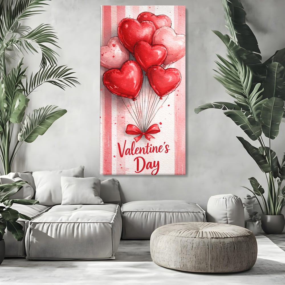 Tablou canvas cu illustratie verticala cu baloane rosii in forma de inima, fara rama, pe sasiu de lemn, pe perete intr-un living