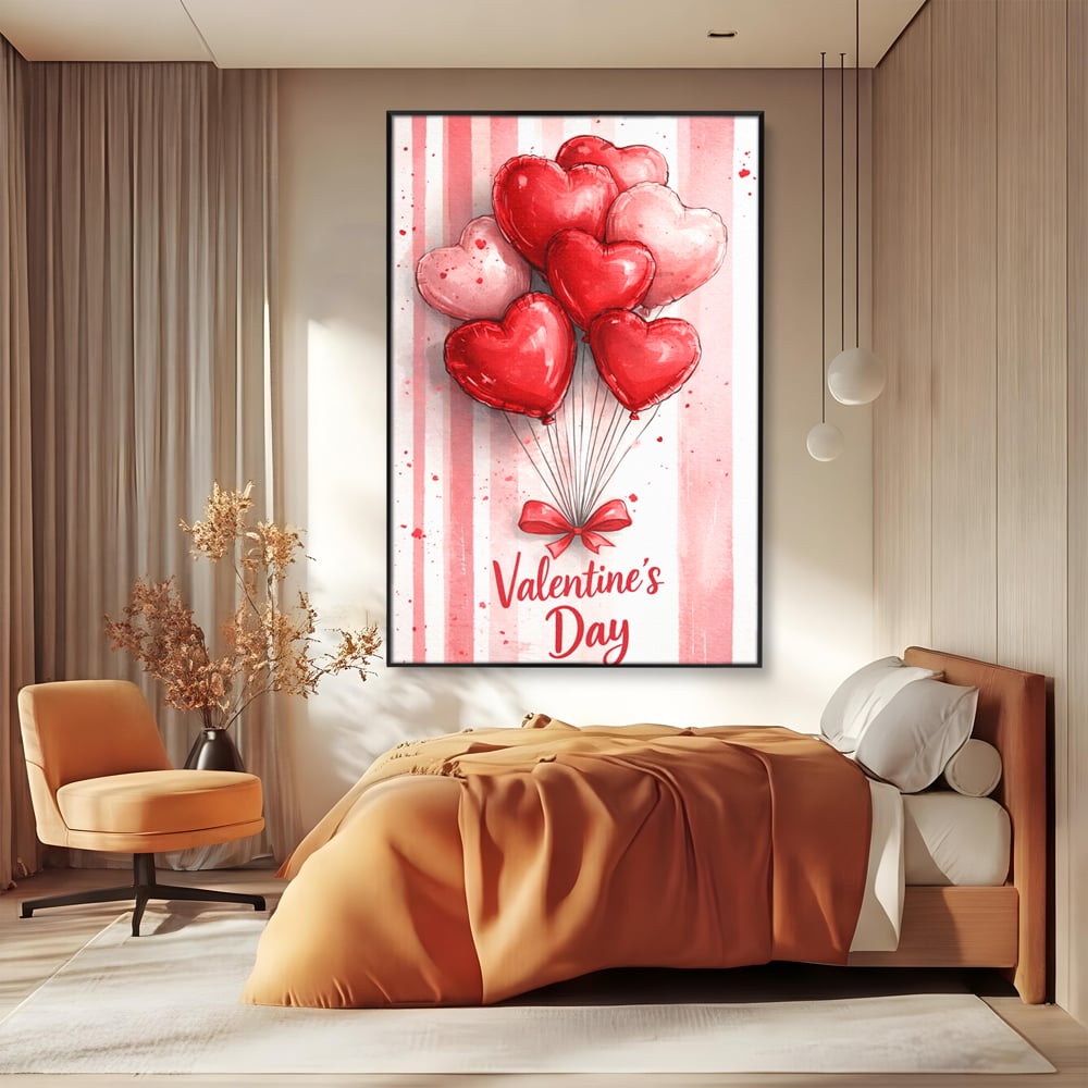 Tablou canvas cu illustratie verticala cu baloane rosii in forma de inima, in rama de aluminiu negru, pe perete intr-un dormitor