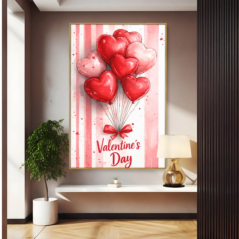 Tablou canvas cu illustratie verticala cu baloane rosii in forma de inima, in rama de aluminiu auriu