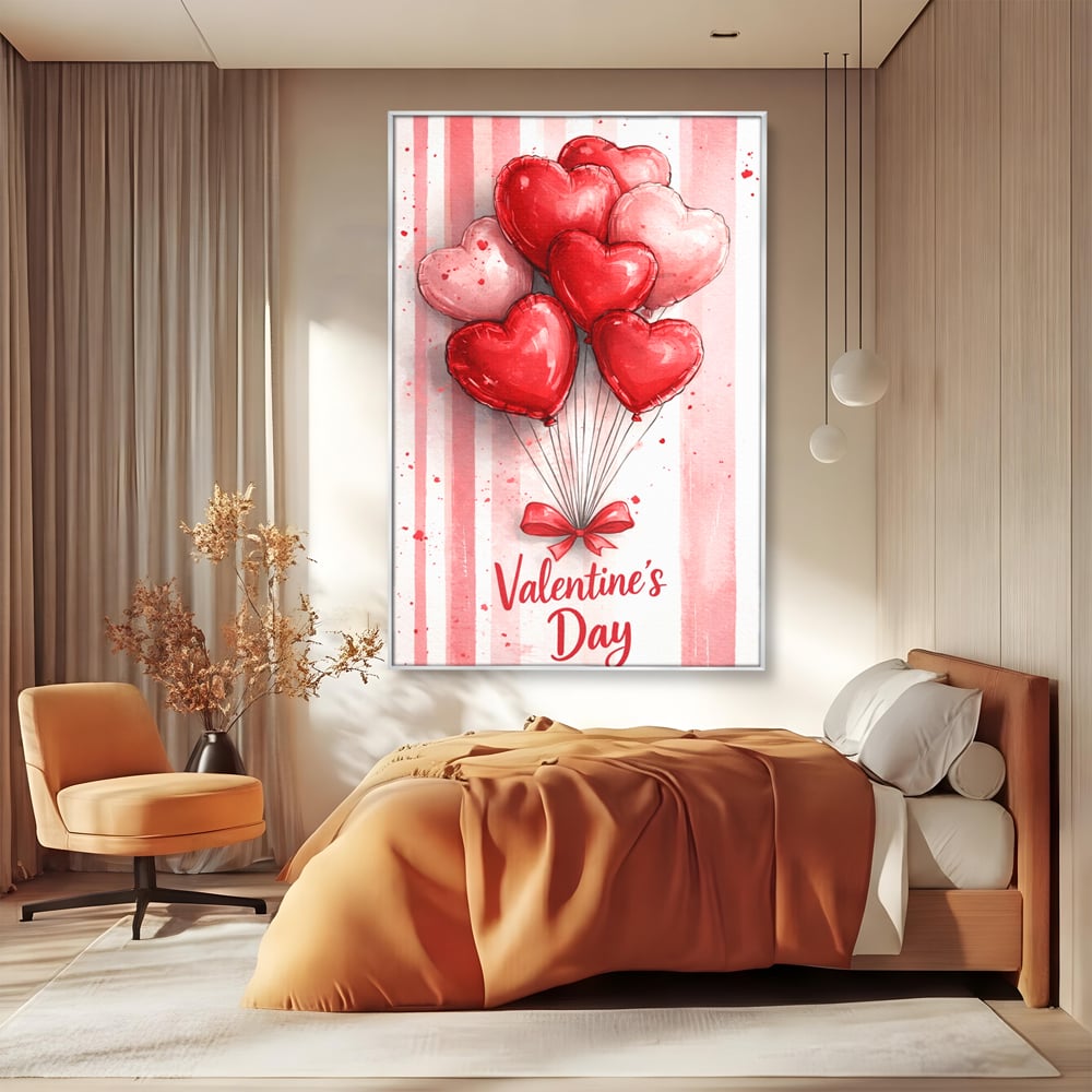 Tablou canvas cu illustratie verticala cu baloane rosii in forma de inima, in rama de aluminiu argintiu, pe perete intr-un dormitor