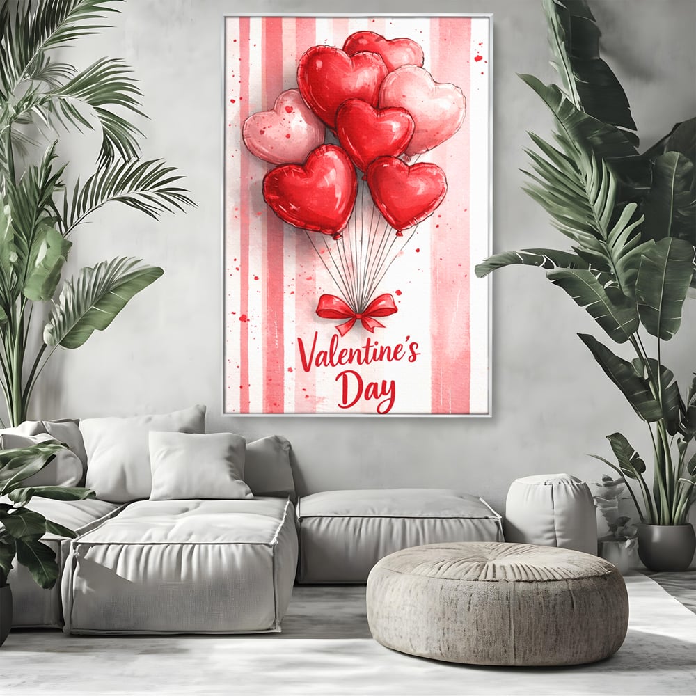 Tablou canvas cu illustratie verticala cu baloane rosii in forma de inima, in rama de aluminiu argintiu, pe perete intr-un living