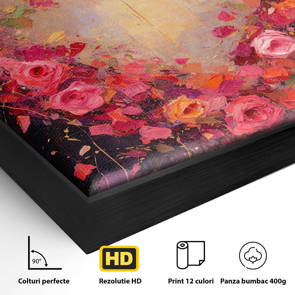 Detaliu al suprafetei: tablou canvas cu inima din trandafiri, in rama de aluminiu negru