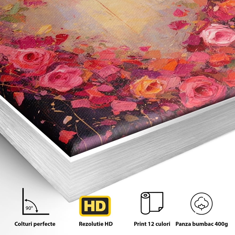 Detaliu al suprafetei: tablou canvas cu inima din trandafiri, in rama de aluminiu argintiu