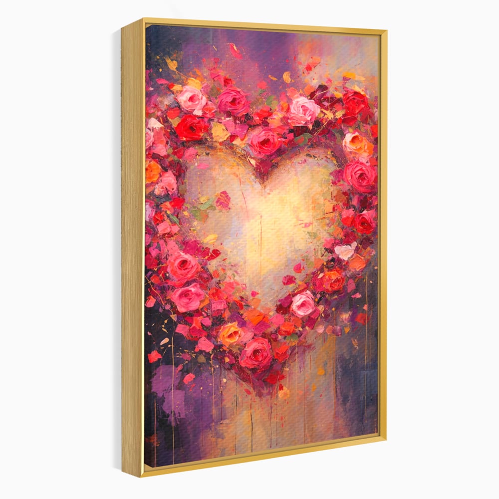 Tablou canvas cu tablou canvas cu inima din trandafiri, in rama de aluminiu auriu