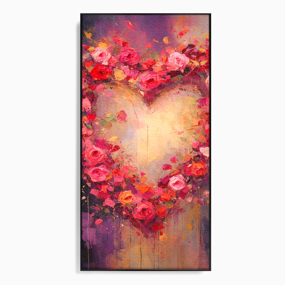 Tablou canvas cu tablou canvas cu inima din trandafiri, in rama de aluminiu negru