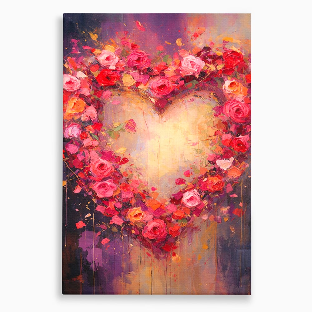 Tablou canvas cu tablou canvas cu inima din trandafiri, fara rama, pe sasiu de lemn