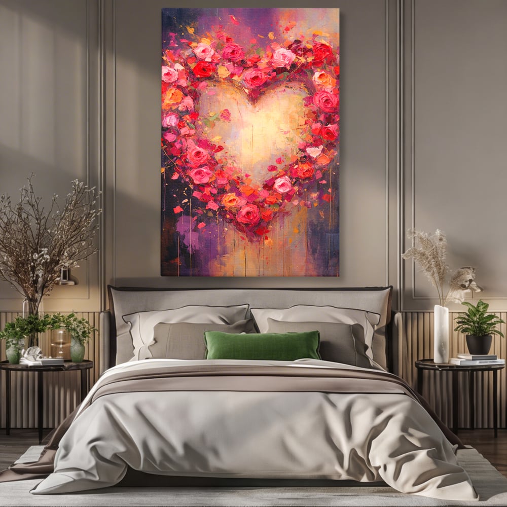 Tablou canvas cu tablou canvas cu inima din trandafiri, fara rama, pe sasiu de lemn, pe perete intr-un dormitor