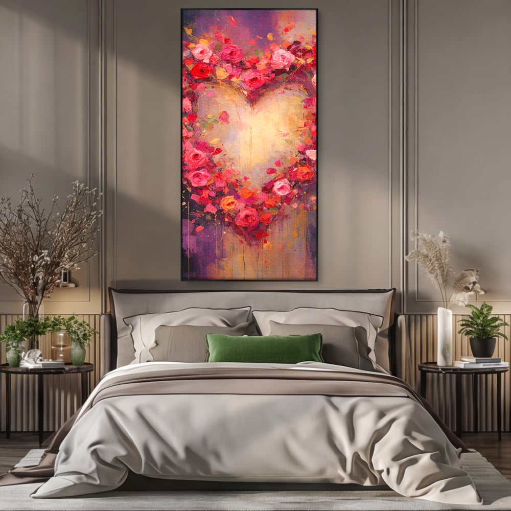 Tablou canvas cu tablou canvas cu inima din trandafiri, in rama de aluminiu negru, pe perete intr-un dormitor