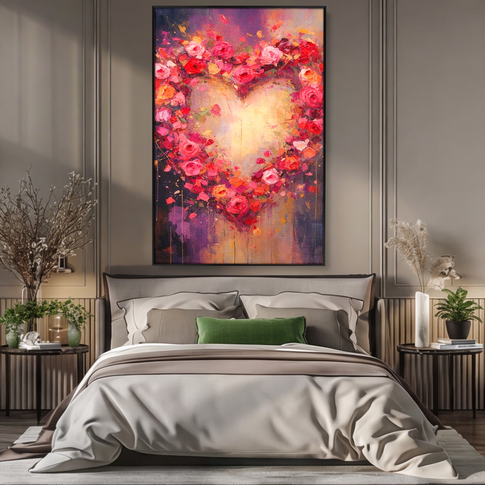 Tablou canvas cu tablou canvas cu inima din trandafiri, in rama de aluminiu negru, pe perete intr-un dormitor