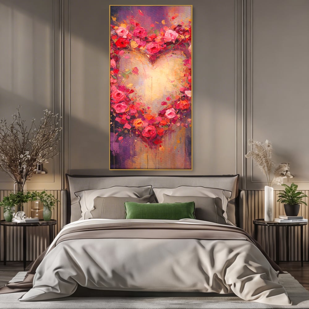Tablou canvas cu tablou canvas cu inima din trandafiri, in rama de aluminiu auriu, pe perete intr-un dormitor