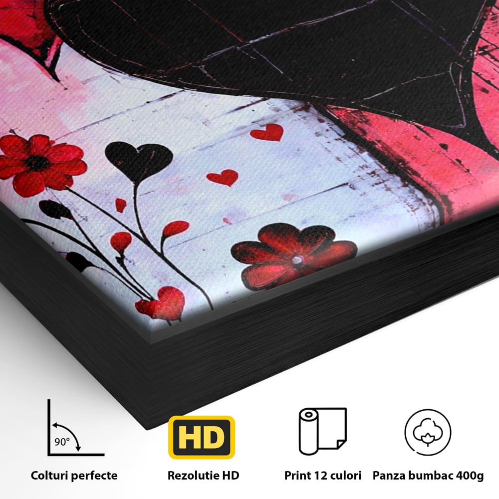 Detaliu al suprafetei: tablou canvas cu inimi si flori, in rama de aluminiu negru