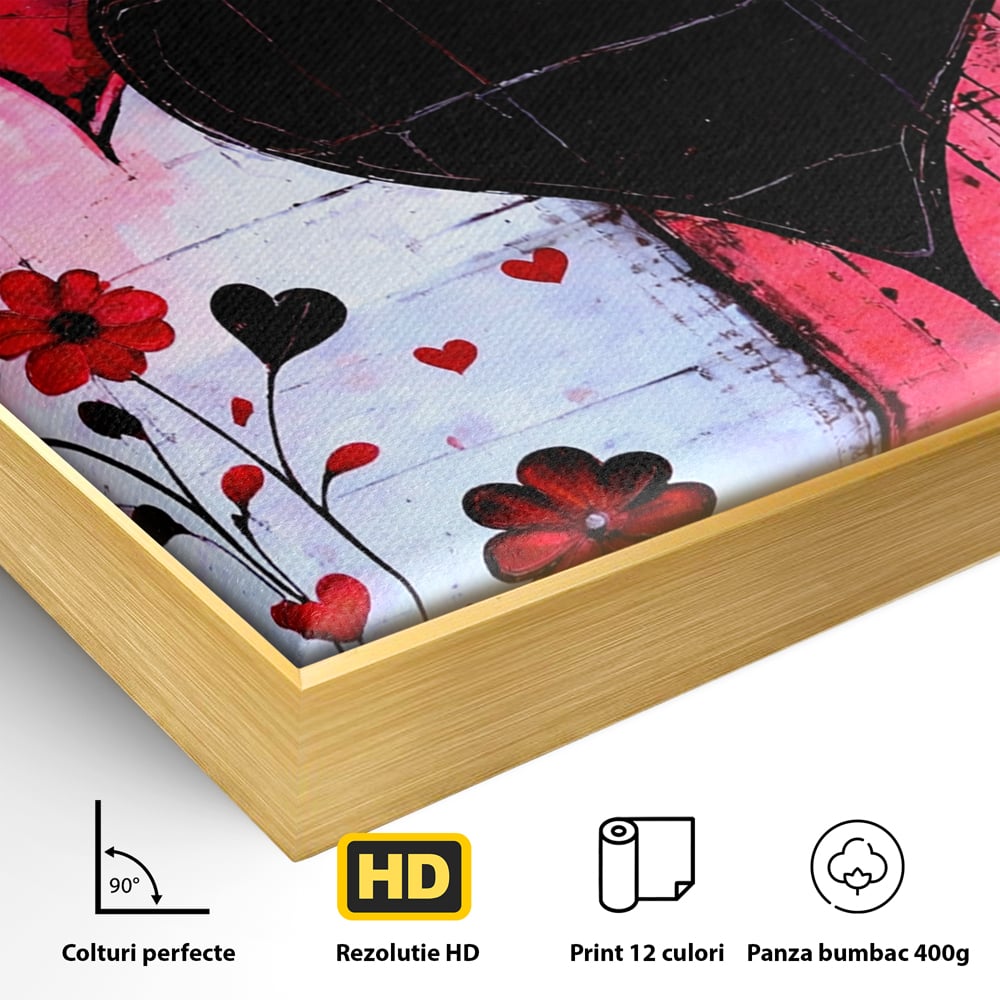 Detaliu al suprafetei: tablou canvas cu inimi si flori, in rama de aluminiu auriu