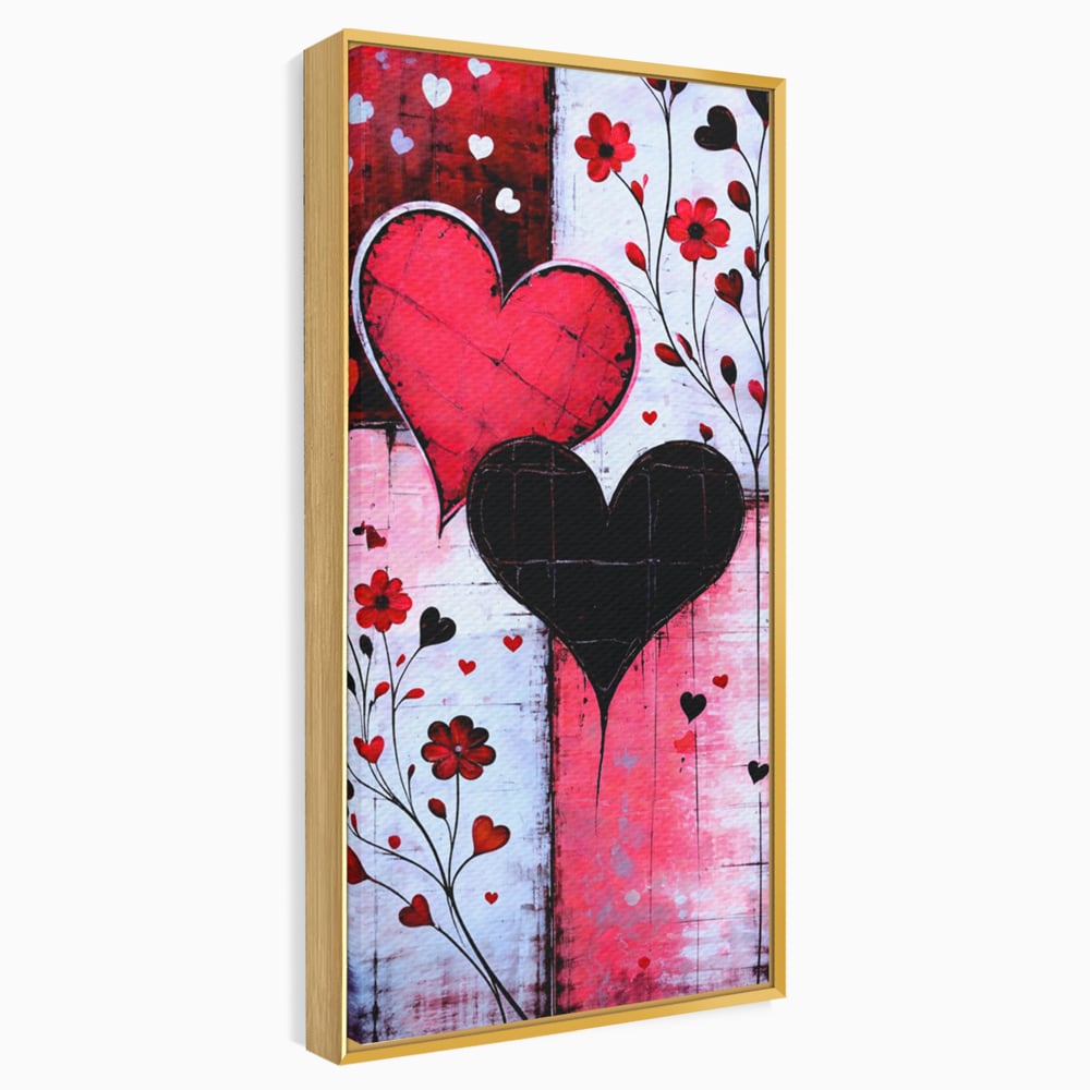 Tablou canvas cu tablou canvas cu inimi si flori, in rama de aluminiu auriu