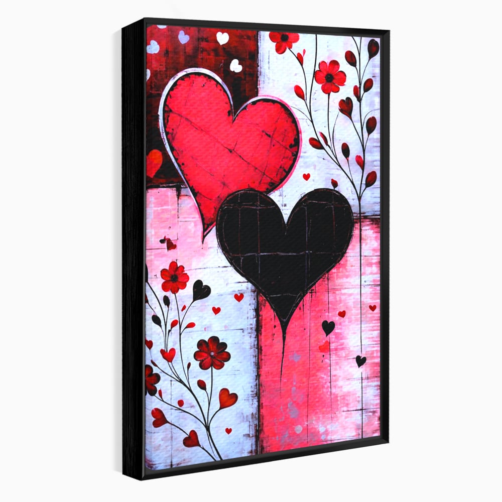 Tablou canvas cu tablou canvas cu inimi si flori, in rama de aluminiu negru