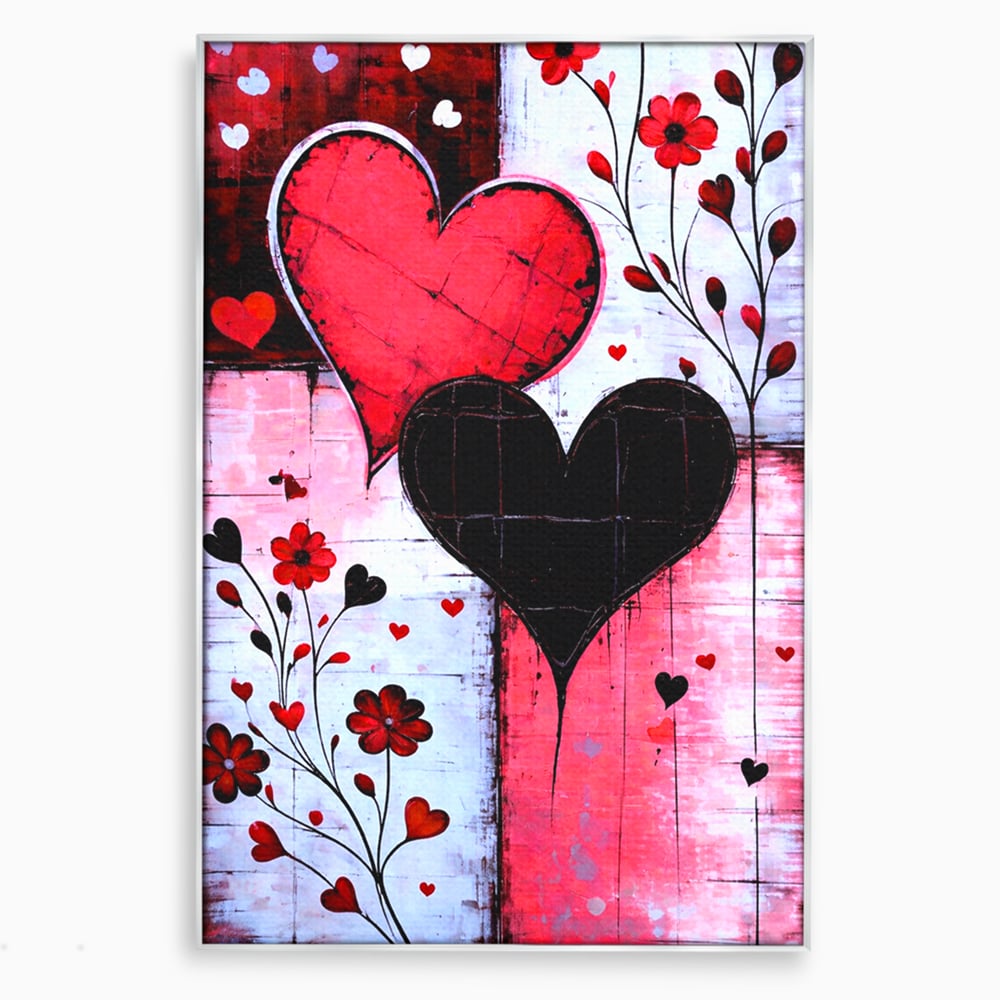 Tablou canvas cu tablou canvas cu inimi si flori, in rama de aluminiu argintiu