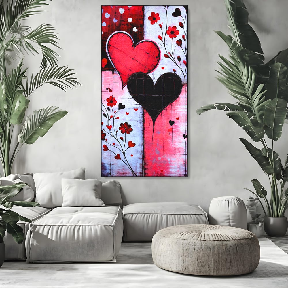 Tablou canvas cu tablou canvas cu inimi si flori, in rama de aluminiu negru, pe perete intr-un living