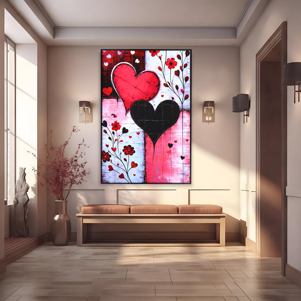 Tablou canvas cu tablou canvas cu inimi si flori, in rama de aluminiu negru