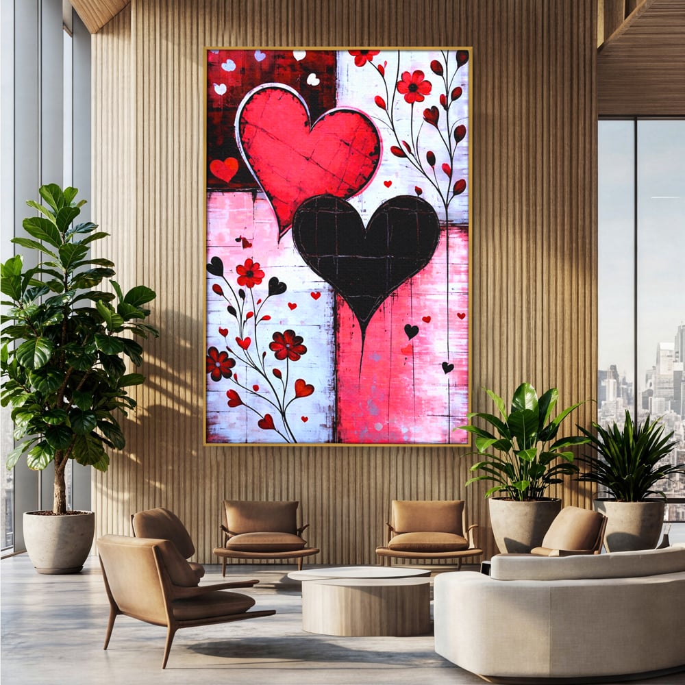 Tablou canvas cu tablou canvas cu inimi si flori, in rama de aluminiu auriu, pe perete intr-un birou