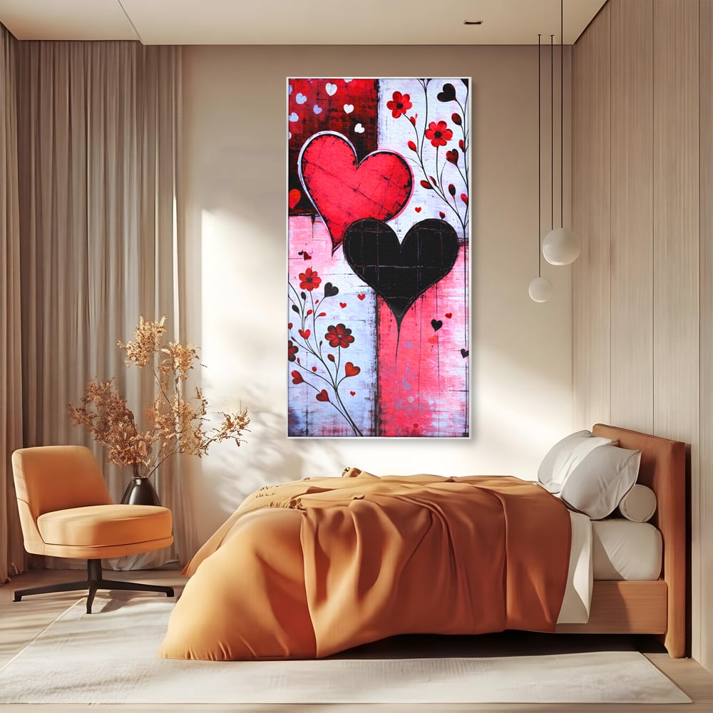 Tablou canvas cu tablou canvas cu inimi si flori, in rama de aluminiu argintiu, pe perete intr-un dormitor