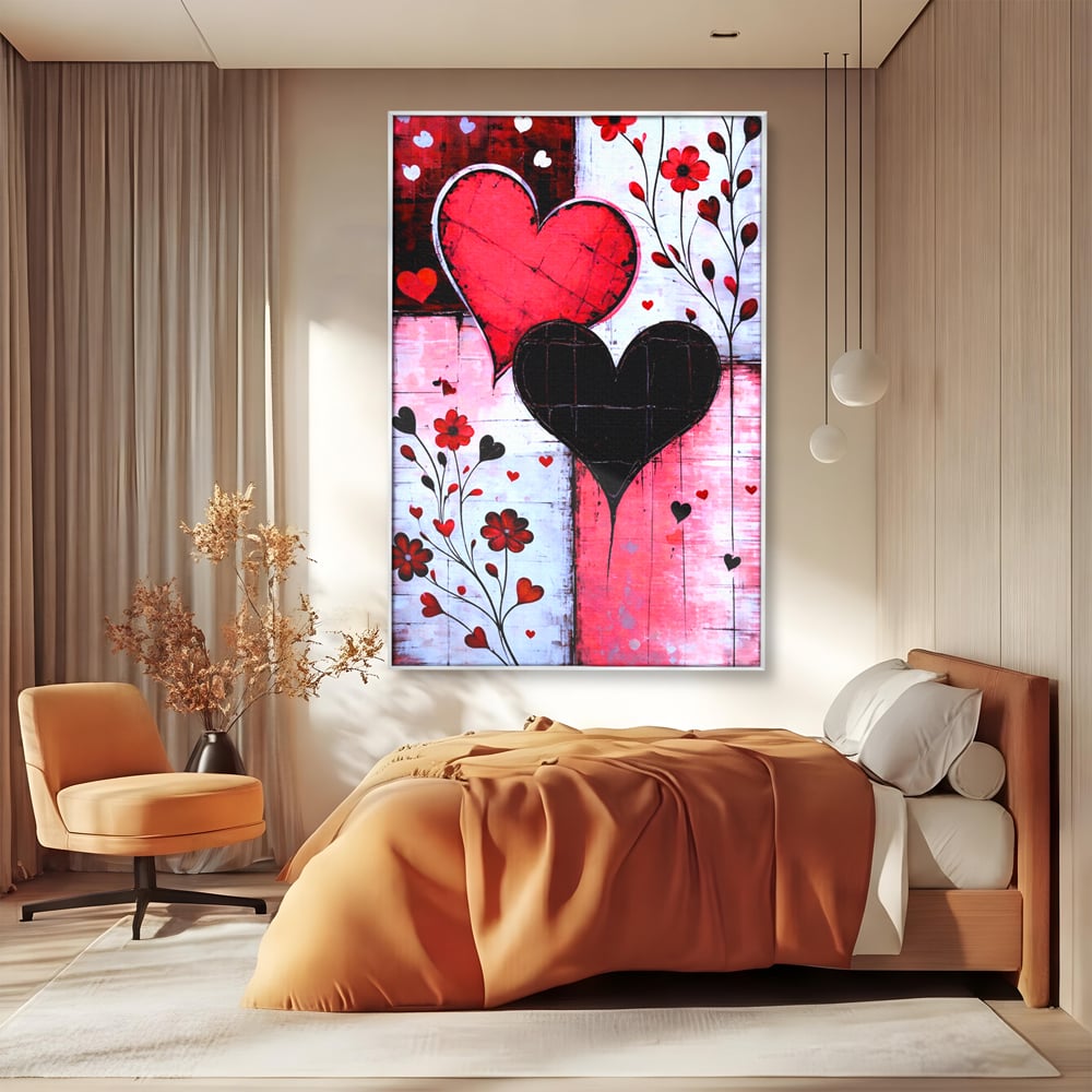 Tablou canvas cu tablou canvas cu inimi si flori, in rama de aluminiu argintiu, pe perete intr-un dormitor