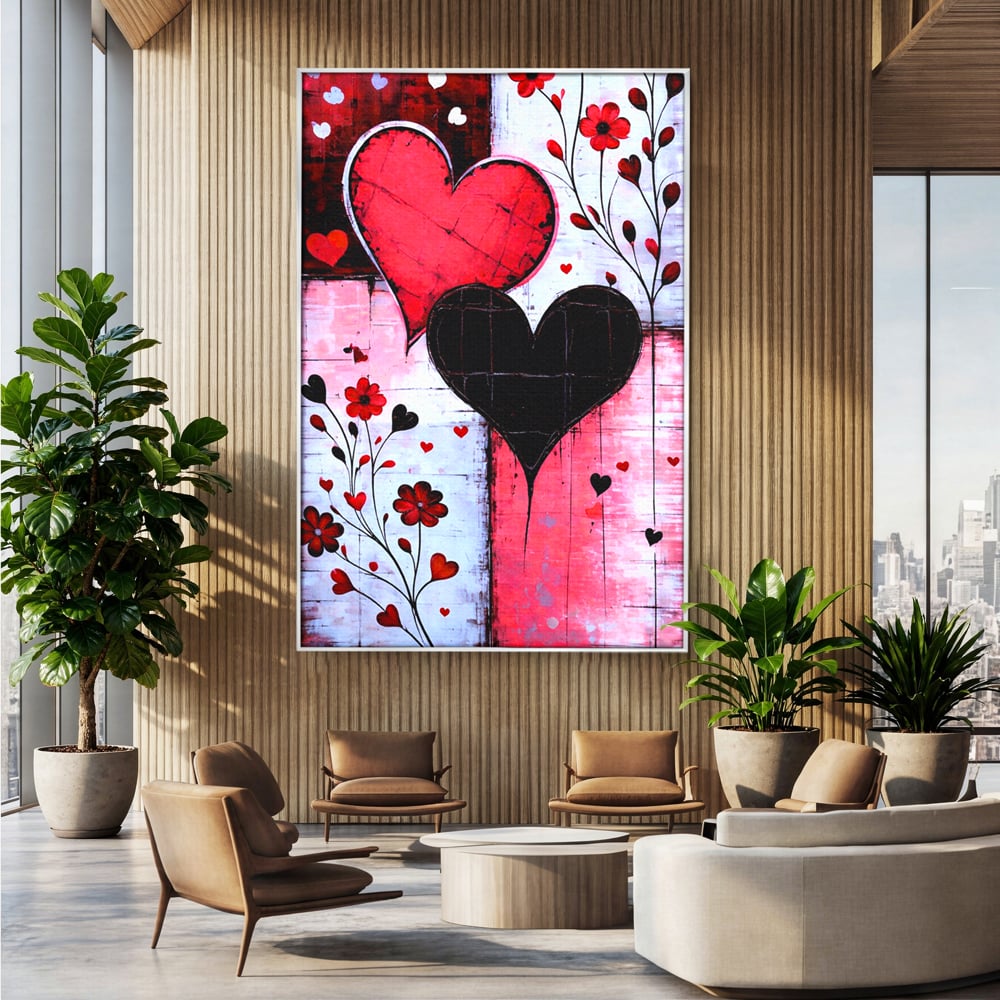 Tablou canvas cu tablou canvas cu inimi si flori, in rama de aluminiu argintiu, pe perete intr-un birou