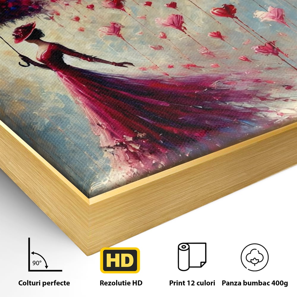 Detaliu al suprafetei: tablou canvas cu femeie in rochie rosie, in rama de aluminiu auriu