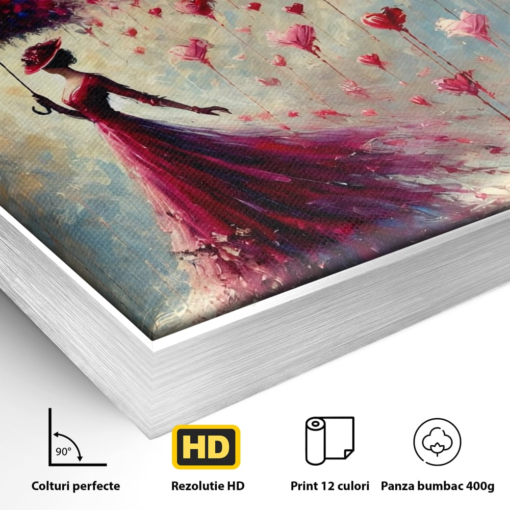Detaliu al suprafetei: tablou canvas cu femeie in rochie rosie, in rama de aluminiu argintiu