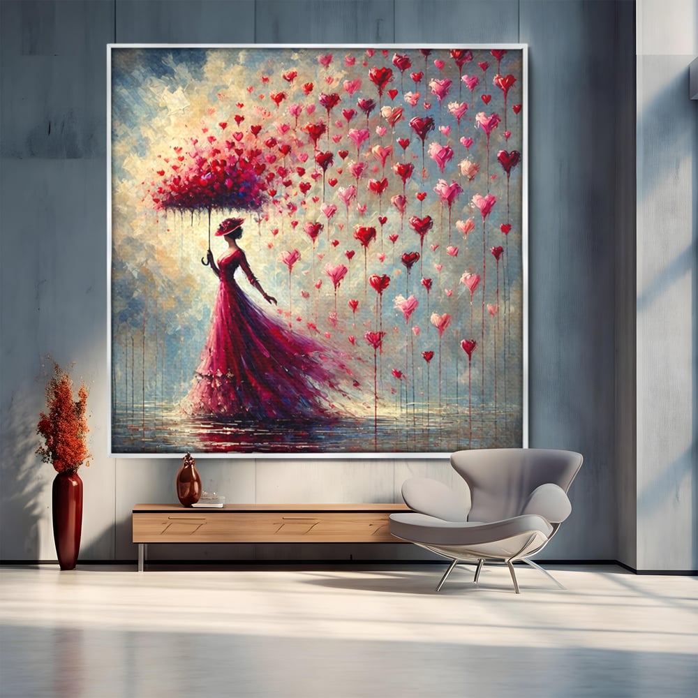 Tablou canvas cu tablou canvas cu femeie in rochie rosie, in rama de aluminiu argintiu