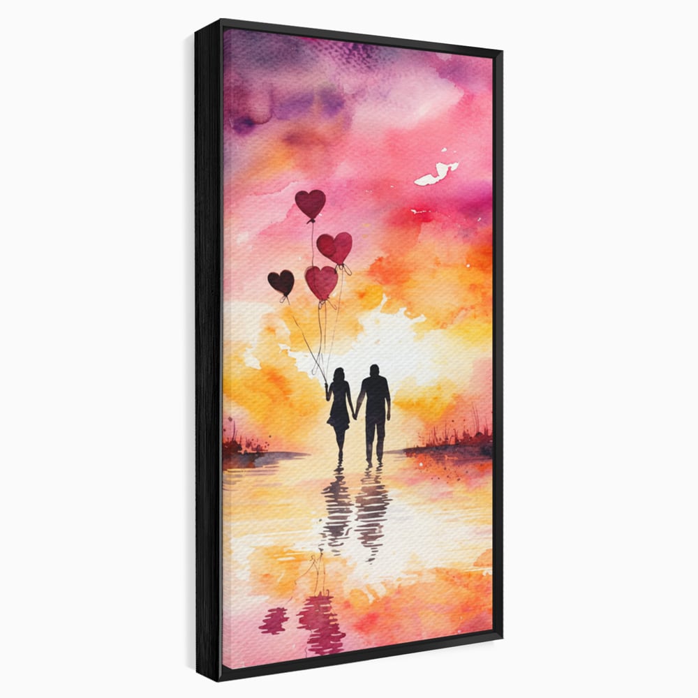 Tablou canvas cu pictura cuplu si baloane inima la apus, in rama de aluminiu negru