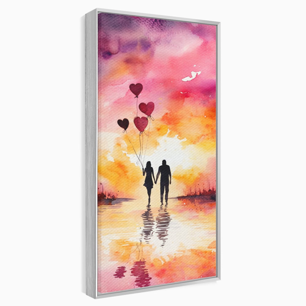 Tablou canvas cu pictura cuplu si baloane inima la apus, in rama de aluminiu argintiu