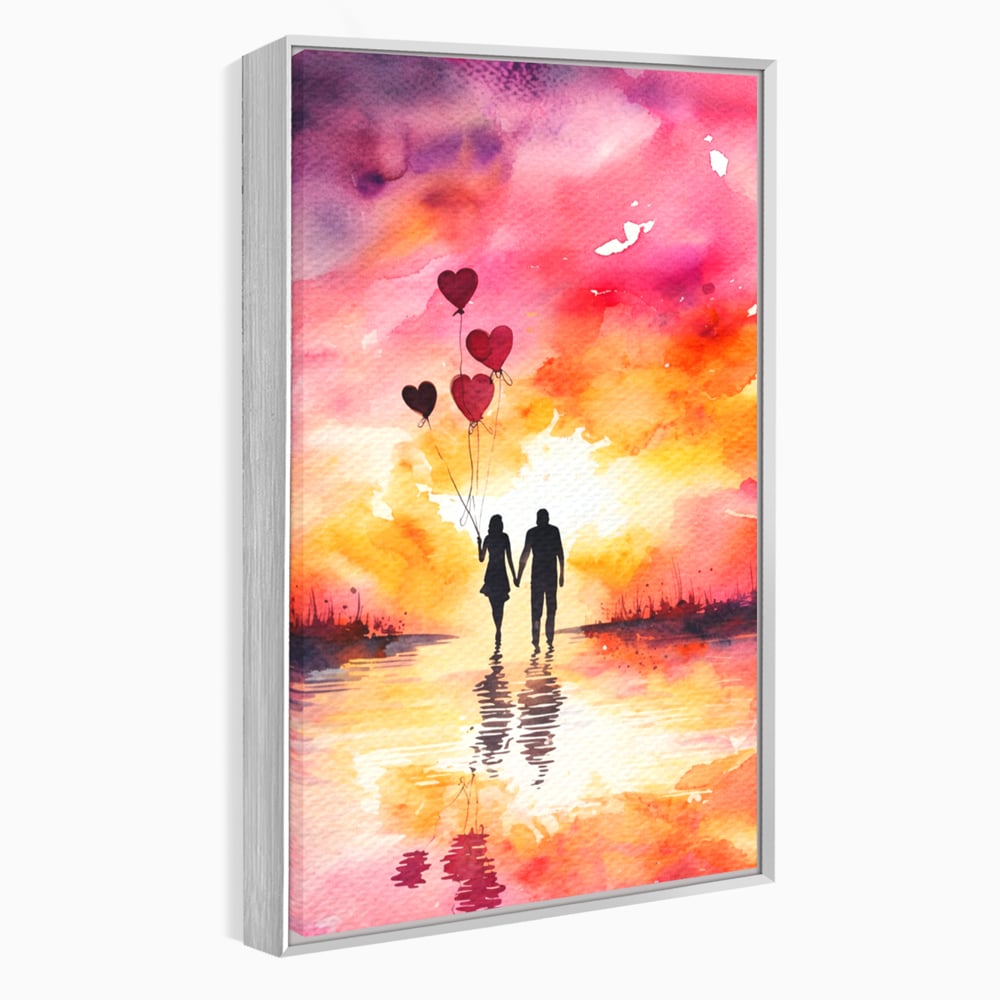 Tablou canvas cu pictura cuplu si baloane inima la apus, in rama de aluminiu argintiu
