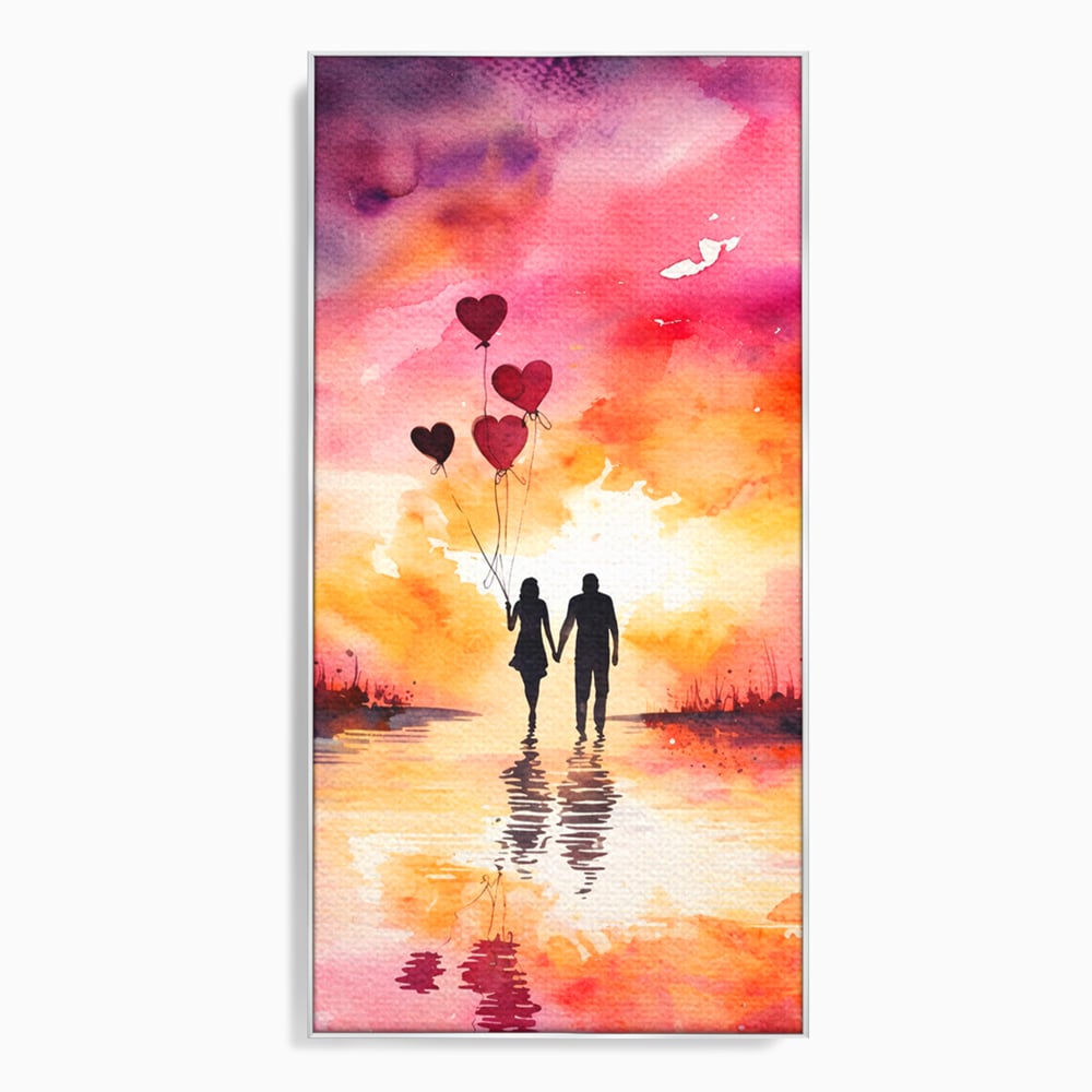 Tablou canvas cu pictura cuplu si baloane inima la apus, in rama de aluminiu argintiu