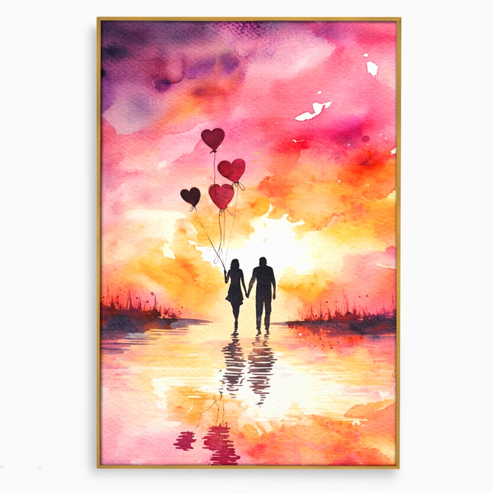Tablou canvas cu pictura cuplu si baloane inima la apus, in rama de aluminiu auriu