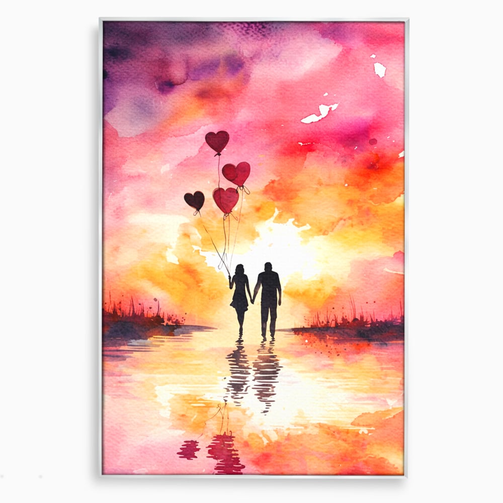 Tablou canvas cu pictura cuplu si baloane inima la apus, in rama de aluminiu argintiu