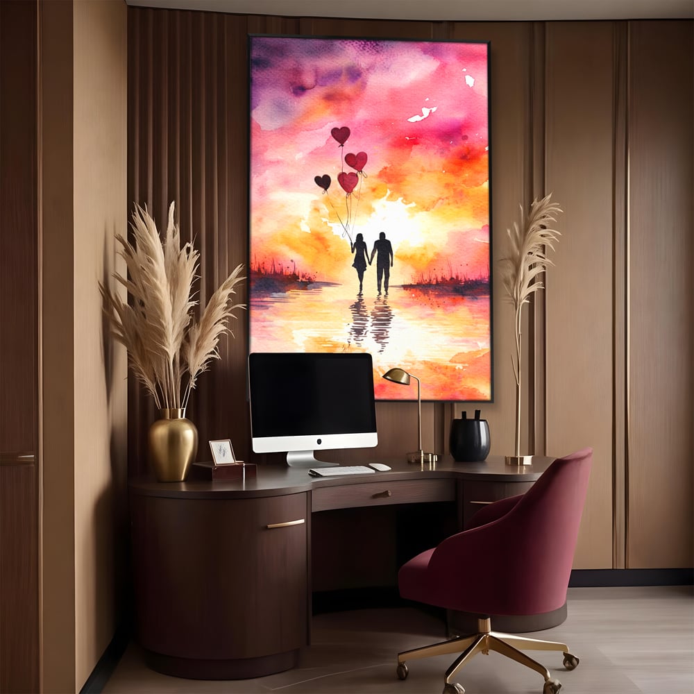 Tablou canvas cu pictura cuplu si baloane inima la apus, in rama de aluminiu negru, pe perete intr-un birou