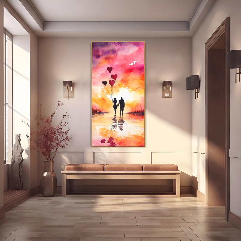 Tablou canvas cu pictura cuplu si baloane inima la apus, in rama de aluminiu auriu